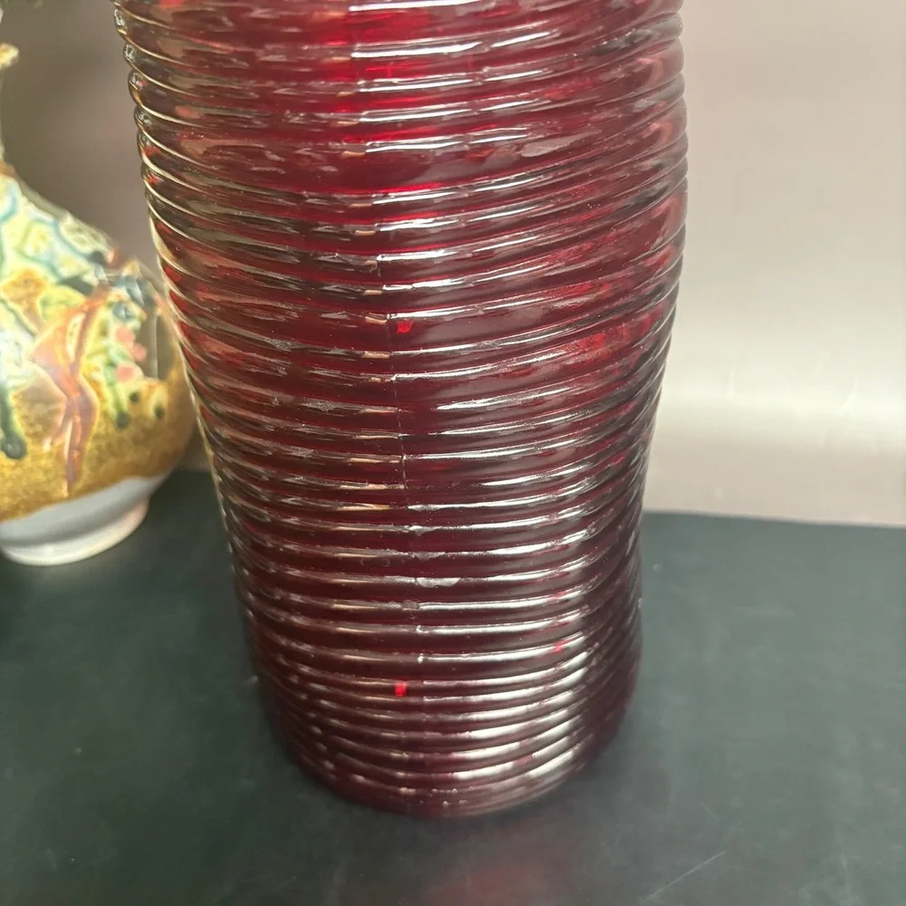 Red Ribbed Glass Vase | 10 Inch Cylinder‎ | Vintage Style Home Decor | Boho